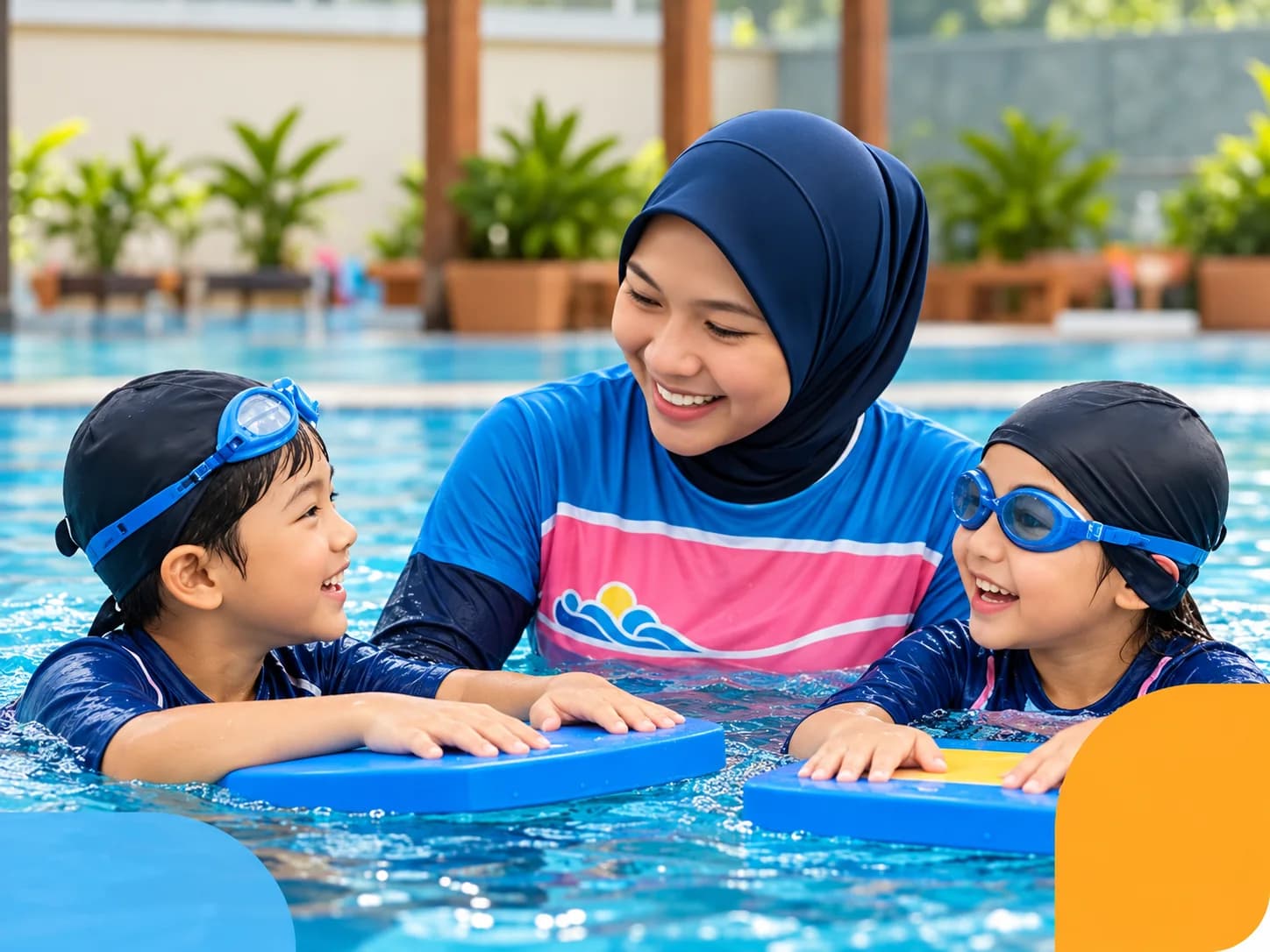Pelatih mendampingi dua anak berlatih dengan papan renang